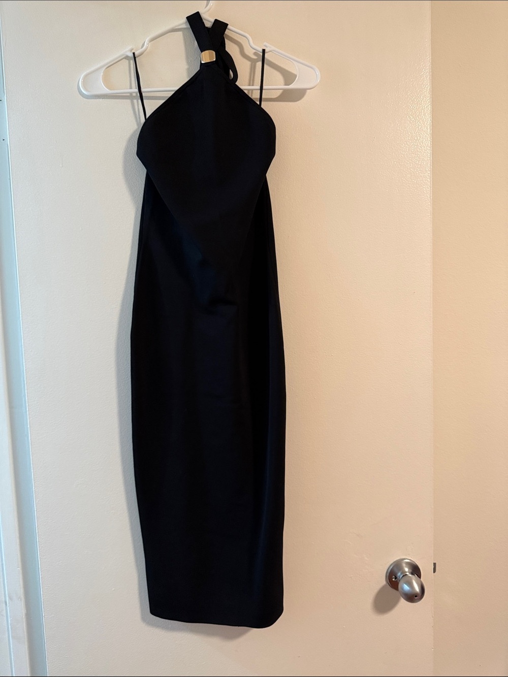 Alice + Olivia Black Halter Midi Dress with Gold Accent
